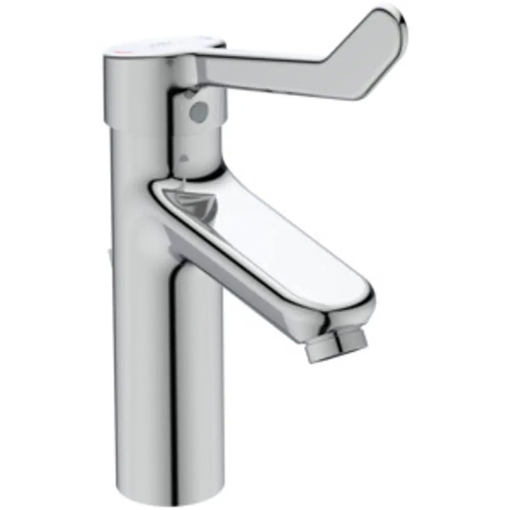 Ein chromfarbener Wasserhahn mit einem seitlichen Hebel, hergestellt von Ideal Standard, zur regulären Verwendung in Umgebungen wie Badezimmern oder Kliniken.